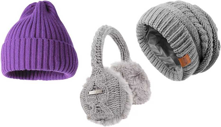 D-Groee Winter Knit Cuffed Beanies in Purple; Turtle Fur Women’s Ear Muffin Faux Fur Lined Earmuffs in Smoke; Redess Slouchy Beanie Hat for Women in A2 Light Grey D-Groee Winter Knit Cuffed Beanies in Purple; Turtle Fur Women’s Ear Muffin Faux Fur Lined Earmuffs in Smoke; Redess Slouchy Beanie Hat for Women in A2 Light Grey