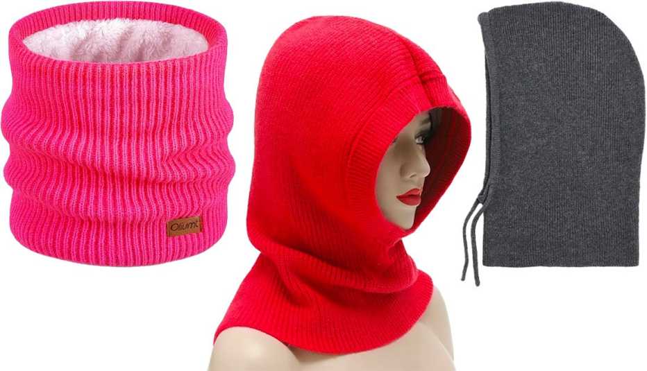 Oliumt Winter Neck Gaiter for Women in Rose Pink; ZLYC Winter Knitted Hooded Scarf Balaclava for Women in Solid Red; H&M Women Ribbed Balaclava in Dark Gray