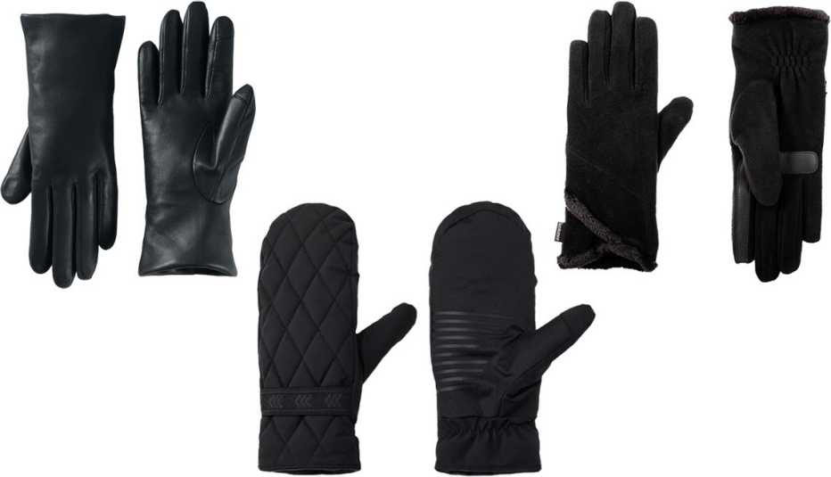 Lands’ End Women’s EZ Touch Screen Cashmere Lined Leather Gloves in Black; All In Motion Puffer Mittens in Black; Isotoner Signature Women’s Stretch Fleece Overlap Water-Repellent Gloves in Black