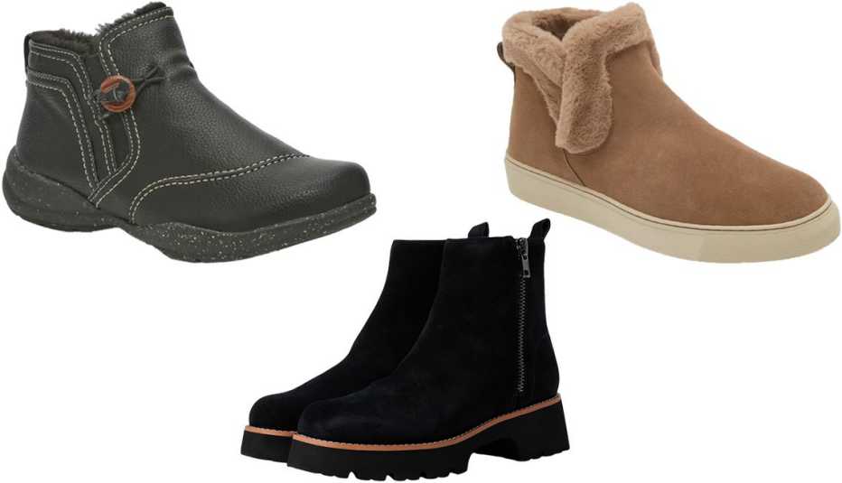 Clarks Women’s Roseville Aster Bootie in Black; Cougar Duffy Faux Fur Trim Waterproof Bootie in Draft Suede; Blondo Valen Waterproof Boots in Black Suede