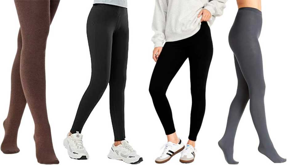A New Day Women’s Flat Fleece Lined Tights in Brown Heather; Baleaf Women’s Fleece Lined Thermal Winter Leggings with Pockets in Black; Old Navy High-Waisted Fleece-Lined Leggings for Women in Blackjack; Berkshire Women’s Cozy Fleece-Lined Tights in Dark Gray