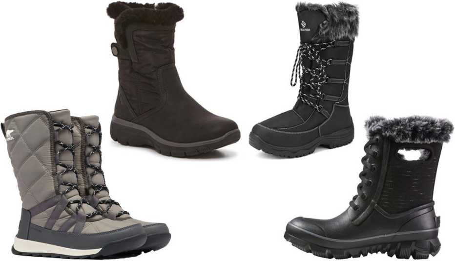 Sorel Women’s Whitney II Tall Lace Boot in Quarry; Skechers Women’s Easy Going Snow Boot in Black; Dream Pairs Women’s Winter Waterproof Mid-Calf Snow Boots in Maine Black; Bogs Women’s Arcata Dash Boots in Black