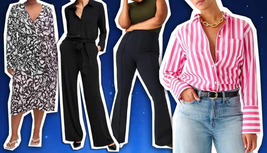 From left to right Mango Print Wrap Dress in Black; Chico’s Utility Jumpsuit in Black; Spanx The Perfect Pant Hi-Rise Flare in Classic Black; J. Crew Women Garcon Cotton Poplin Shirt in Stripe in Crisp Begonia