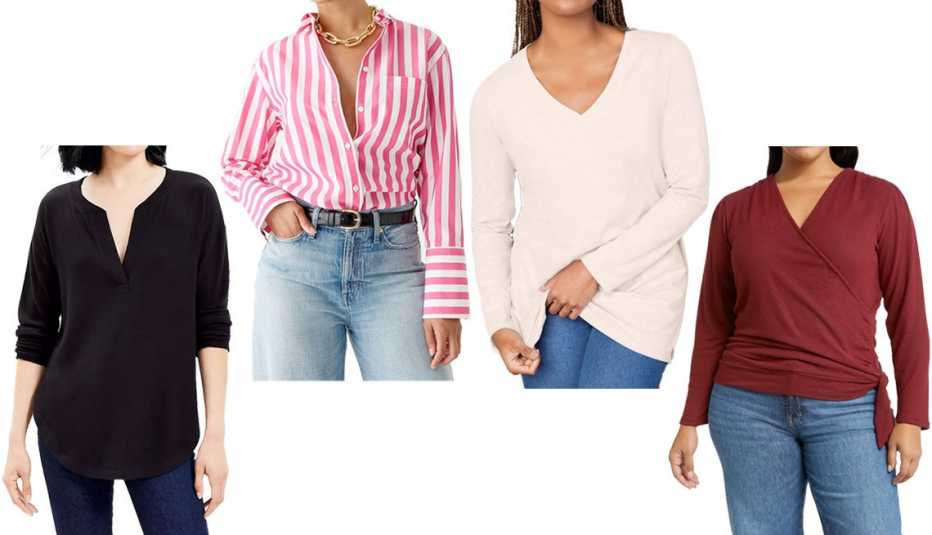Loft Rib Trim Cozy Split Neck Tunic Top in Black; J.Crew Women Garcon Cotton Poplin Shirt in Stripe in Crisp Begonia; June + Vie Long-Sleeve V-Neck One + Only Tunic in Pink Whisper; Loveappella Plus Faux Tie Wrap Top in Burgundy