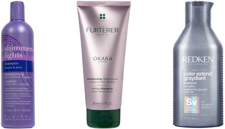 Clairol Shimmer Lights; Rene Furterer Okara Silver; Redken Color Extend Graydiant Purple Shampoo