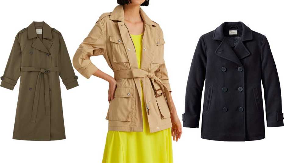 The Cotton Long Trench Coat in Beech; Belted Cotton Twill Field Jacket in Birch Tan; Women’s Classic Lambswool Pea Coat in Navy