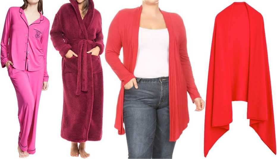 Victoria’s Secret Modal Long Pajama Set in Fuchsia Frenzy; Alexander Del Rossa Women’s Plush Fleece Hooded Robe, Shaggy Feathered Long Bathrobe in Burgundy; Moa Collection Women’s Solid Basic Open Draped Front Cardigan in Red; J.Crew Women Oversized Cashmere Wrap in Classic Red