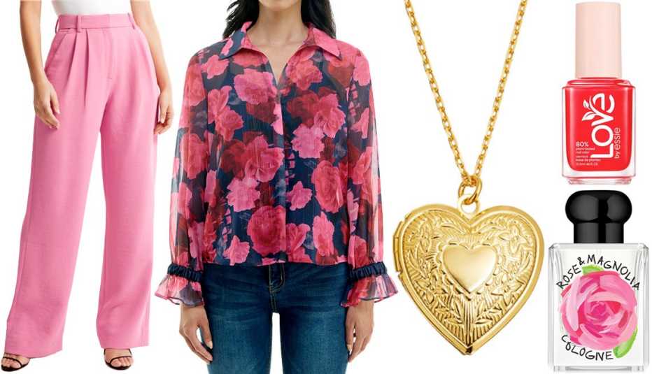 Abercrombie & Fitch Curve Love A&F Sloane Tailored Premium Crepe Pant in Pink; Nicole Miller Mia Lurex Chiffon Long Sleeve Blouse with Camisole; Ben-Amun 24k Gold Electroplate Chain Necklace with Heart Locket Pendant; Essie LOVE Valentine’s Day Collection Nail Polish in Lust for Life;  Jo Malone London Rose & Magnolia Cologne