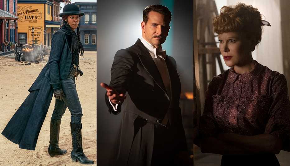 Side by side images of Regina King in The Harder They Fall, Bradley Cooper in Nightmare Alley and Nicole Kidman in Being the Ricardos
