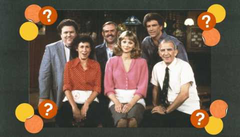 Cast of "Cheers" on set; surrounded by yellow, orange and red circles with question marks cast of cheers on set; surrounded by yellow, orange and red circles with question marks