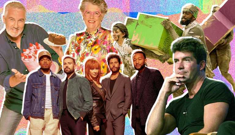 A collage of stars from reality TV shows such as "The Voice," "The Great British Baking Show," "Survivor" and "American Idol."