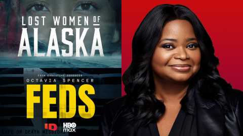 octavia spencer alongside promotional posters for her two true crime television series