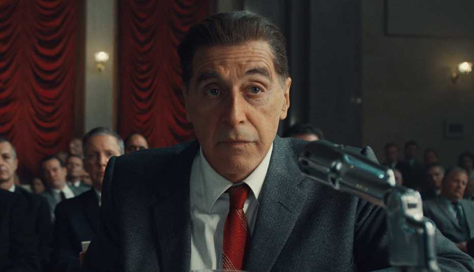 Al Pacino as Jimmy Hoffa in the Senate chambers in the film The Irishman