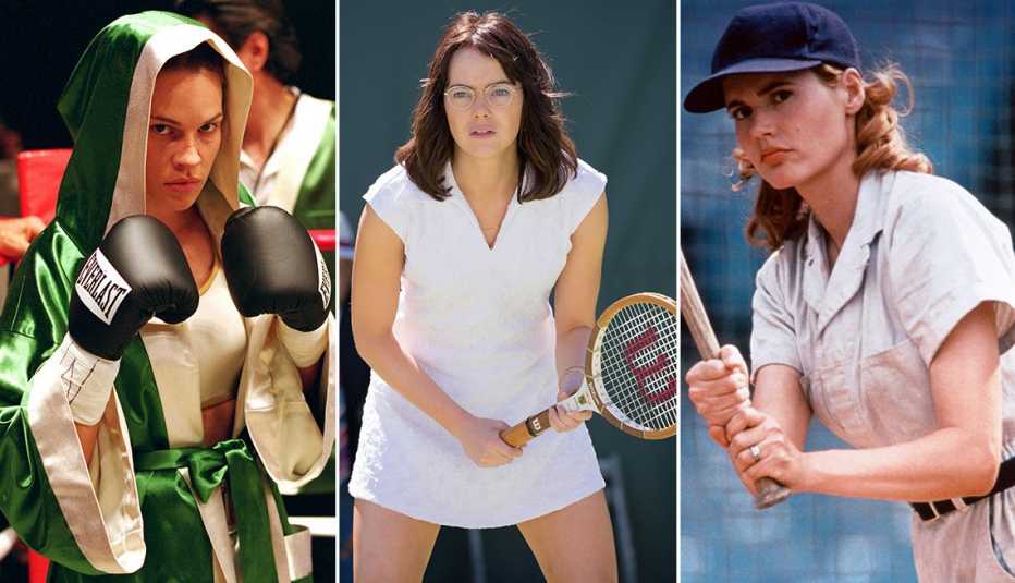 Hilary Swank wearing boxing gloves in Million Dollar Baby, Emma Stone holding a tennis racket in Battle of the Sexes and Geena Davis holding a baseball bat in A League of Their Own Hilary Swank wearing boxing gloves in Million Dollar Baby, Emma Stone holding a tennis racket in Battle of the Sexes and Geena Davis holding a baseball bat in A League of Their Own