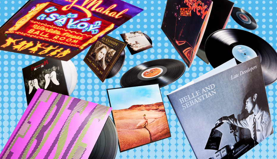 collage of different record albums on blue background with little shapes