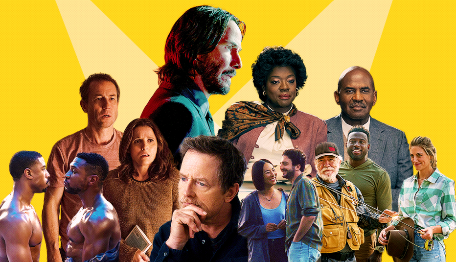 collage of stars from different movies on yellow background
