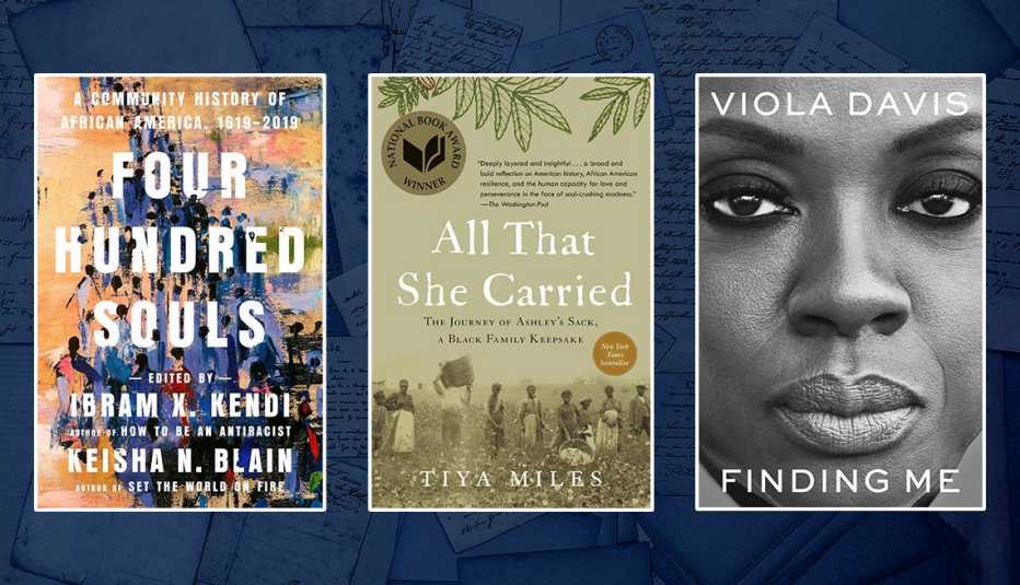 from left to right four hundred souls by ibram x kendi and keisha n blain then all that she carried by tiya miles then finding me by viola davis