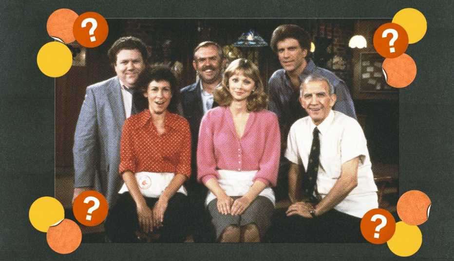 Cast of "Cheers" on set; surrounded by yellow, orange and red circles with question marks cast of cheers on set; surrounded by yellow, orange and red circles with question marks