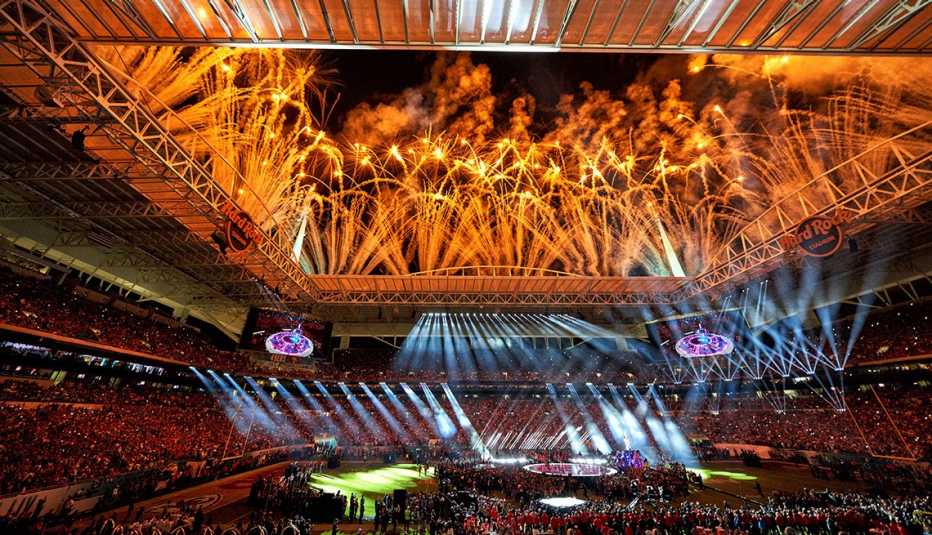 A general view of Hard Rock Stadium as fireworks go off during the halftime show at Super Bowl LIV
