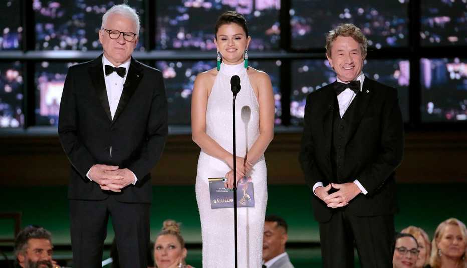 Steve Martin, Selena Gomez and Martin Short on stage during the 74th Annual Primetime Emmy Awards