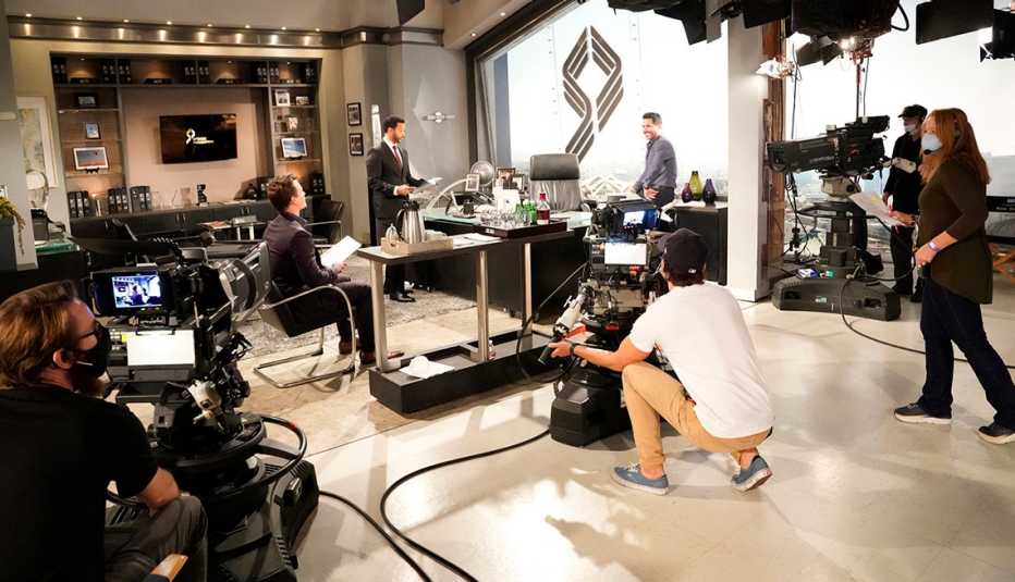 Crew members wear masks while filming on the set of The Bold and the Beautiful