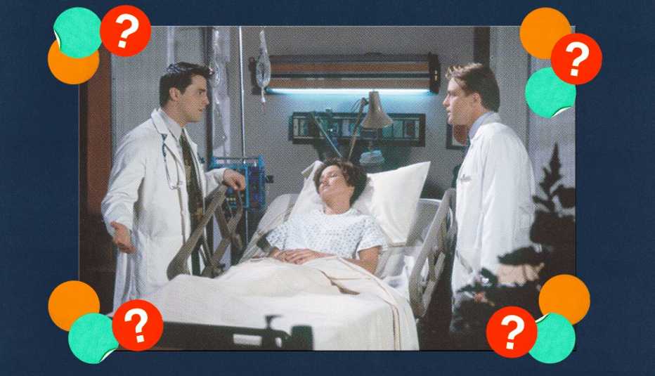 Joey as Doctor Drake Ramoray talking to another doctor while a patient is in a hospital bed in a still from Friends; surrounded by orange, teal and red circles with question marks in them