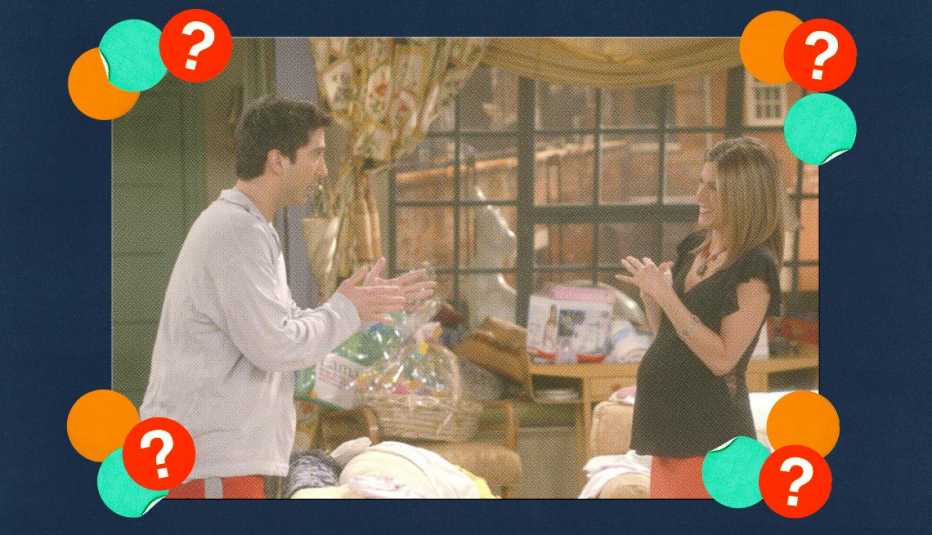 David Schwimmer as Ross and Jennifer Aniston as Rachel standing in front of window in apartment in a still from Friends; surrounded by orange, teal and red circles with question marks in them