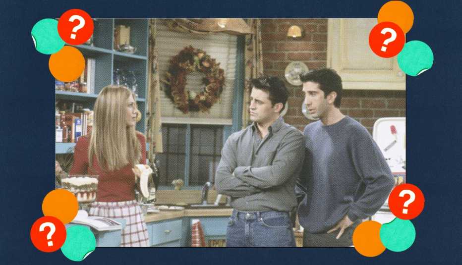 Jennifer Aniston as Rachel, Matt LeBlanc as Joey and David Schwimmer as Ross standing in kitchen of apartment in a still from Friends; surrounded by orange, teal and red circles with question marks in them