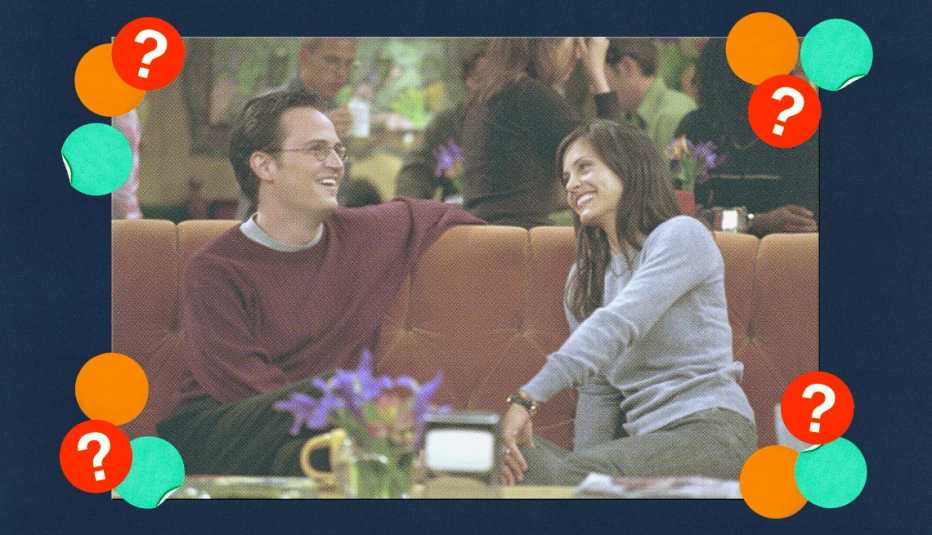 Matthew Perry as Chandler and Courteney Cox as Monica sitting on couch in coffee shop in a still from Friends; surrounded by orange, teal and red circles with question marks in them