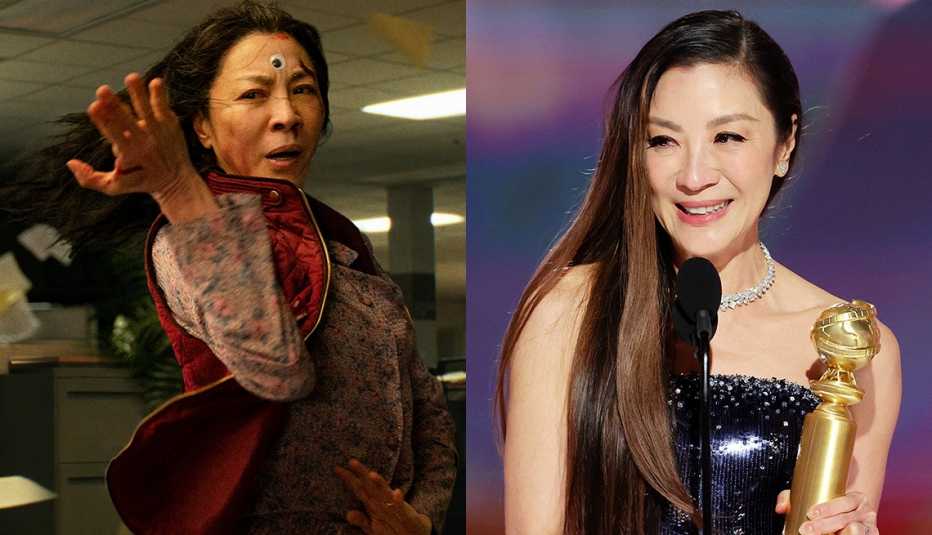 Michelle Yeoh in a scene from the film Everything Everywhere All at Once and accepting her Golden Globe Award onstage Michelle Yeoh in a scene from the film Everything Everywhere All at Once and accepting her Golden Globe Award onstage