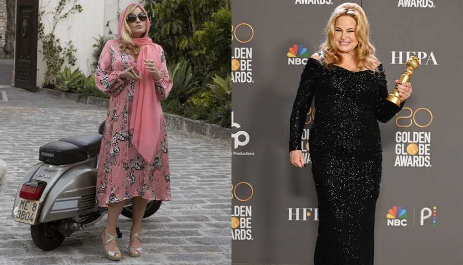 Jennifer Coolidge in a scene from The White Lotus and holding her Golden Globe Awards trophy