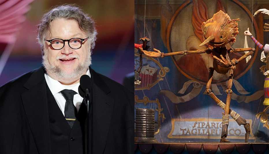 Guillermo del Toro at the 80th Annual Golden Globes and a scene from the film Guillermo del Toro’s Pinocchio