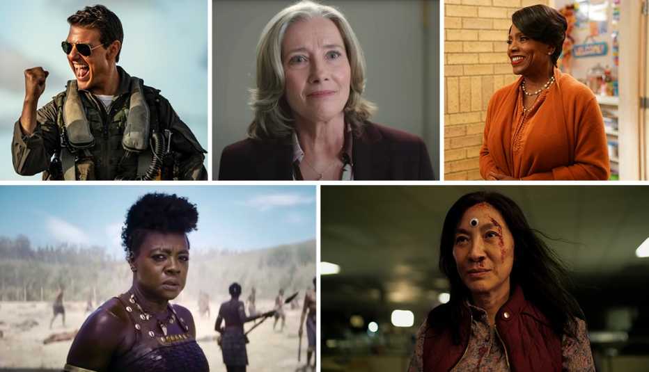 clockwise from left tom cruise in top gun maverick then emma thompson in good luck to you leo grande then sheryl lee ralph in abbott elementary then michelle yeoh in everything everywhere all at once then viola davis in the woman king