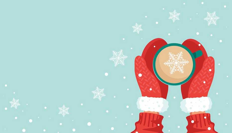 hands in mittens grip a cup of hot cocoa amid snowflakes on a light blue field