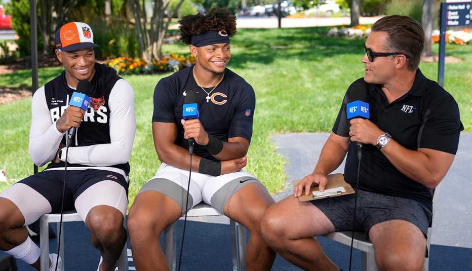NFL Network's Kyle Brandt interview Chicago Bears wide receiver D.J. Moore and quarterback Justin Fields. kyle brandt of the nfl network interviews chicago bears wide receiver dj moore and quarterback justin fields