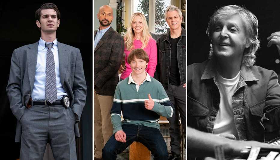 andrew garfield wearing a suit with a police badge on his belt has his hands in his pants pockets in a scene from the fx series under the banner of heaven keegan michael key calum worthy judy greer and johnny knoxville pose for a portrait in an episode of reboot and paul mccartney smiles in mccartney 3,2,1