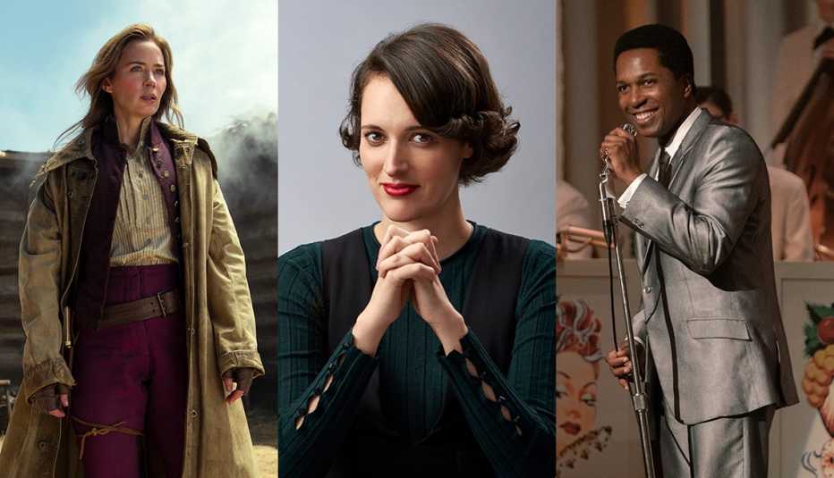 emily blunt in a scene from the english phoebe waller bridge in fleabag and leslie odom junior in the film one night in miami