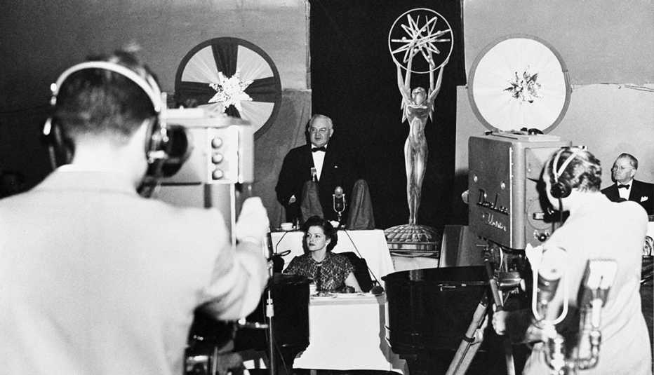 top center mayor fletcher bowron below evie dewolf at the first annual primetime emmy awards