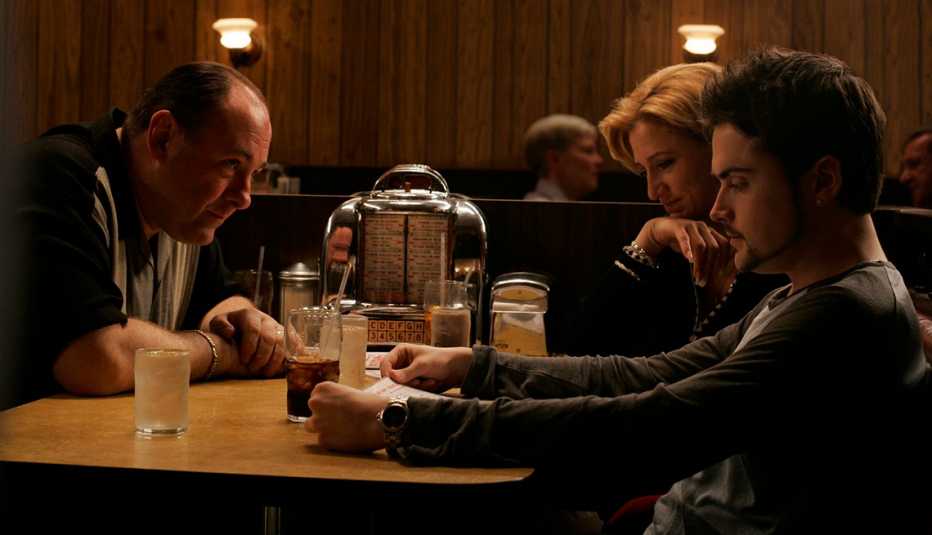 James Gandolfini, Edie Falco and Robert Iler in a scene from The Sopranos