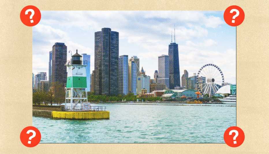 Tall buildings, ferris wheel and lighthouse along water; surrounded by red circles with question marks in them