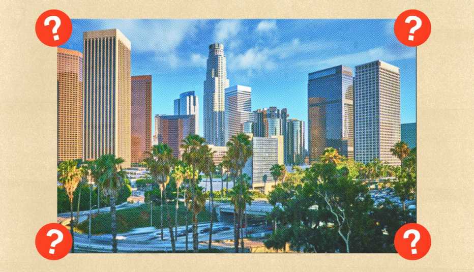 A lot of tall buildings with palm trees in front of them; surrounded by red circles with question marks in them
