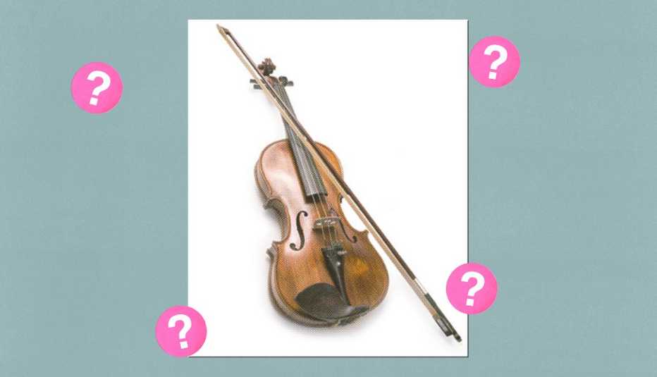 Violin surrounded by pink circles with question marks in them