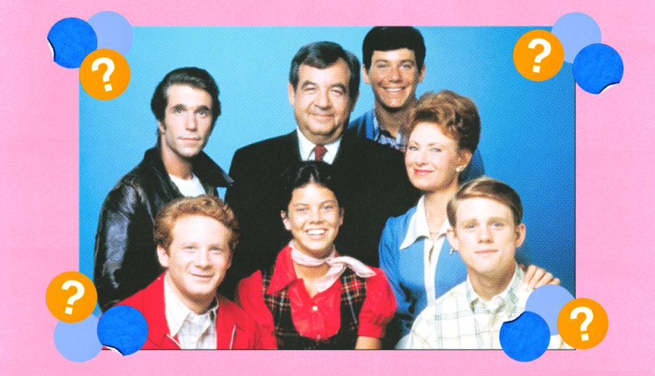 Donny Most (Ralph), Erin Moran (Joanie), Ron Howard (Richie), Henry WInkler (Fonzie), Tom Bosley (Howard), Anson Williams (Potsie) and Marion Ross (Marion); surrounded by blue, light blue and orange circles with question marks in them