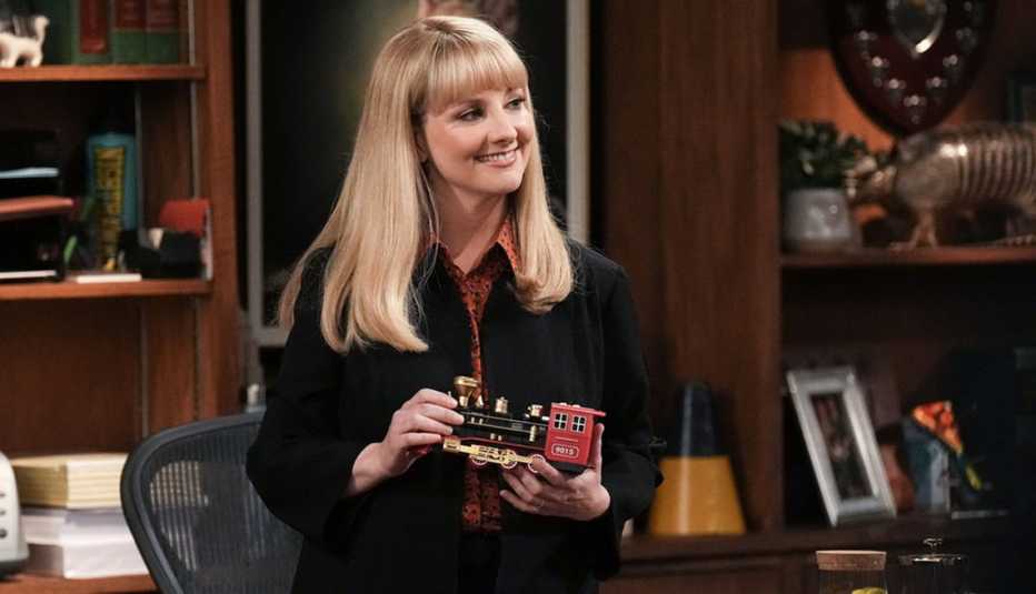 Melissa Rauch holding a toy train in "Night Court." Melissa Rauch holding a toy train in "Night Court."