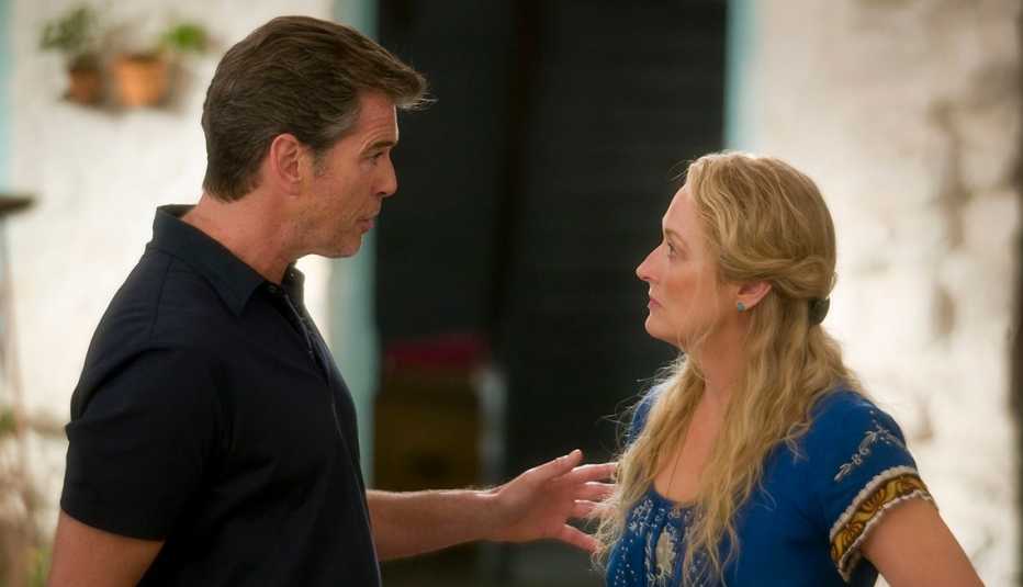 Pierce Brosnan as Sam Carmichael and Meryl Streep as Donna Sheridan in the musical romantic comedy Mamma Mia