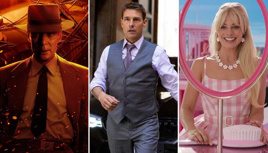 cillian murphy stars as j robert oppenheimer in a promotional poster for the film oppenheimer tom cruise stars as ethan hunt in mission impossible dead reckoning part one and margot robbie stars in the film barbie