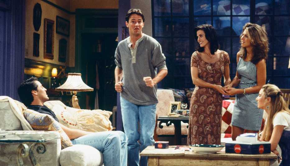 Matt LeBlanc as Joey Tribbiani, Matthew Perry as Chandler Bing, Courteney Cox as Monica Geller, Jennifer Aniston as Rachel Green, Lisa Kudrow as Phoebe Buffay on "Friends." Matt LeBlanc as Joey Tribbiani, Matthew Perry as Chandler Bing, Courteney Cox as Monica Geller, Jennifer Aniston as Rachel Green, Lisa Kudrow as Phoebe Buffay on "Friends."