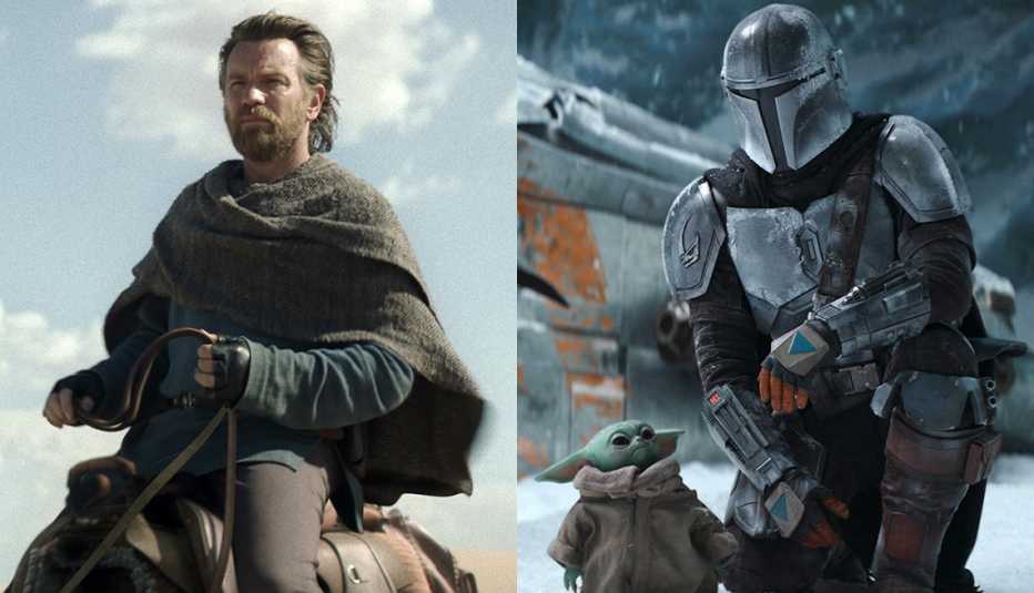 Ewan McGregor riding an eopie in the Disney Plus series Obi Wan Kenobi and The Mandalorian kneeling on one knee next to the Child in the streaming series The Mandalorian