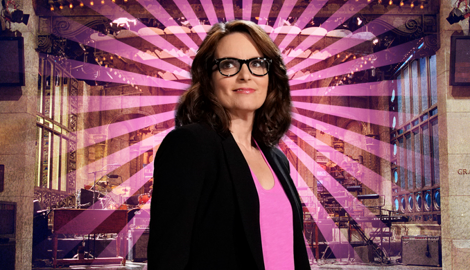 Tina Fey in front of the set of "Saturday Night Live"