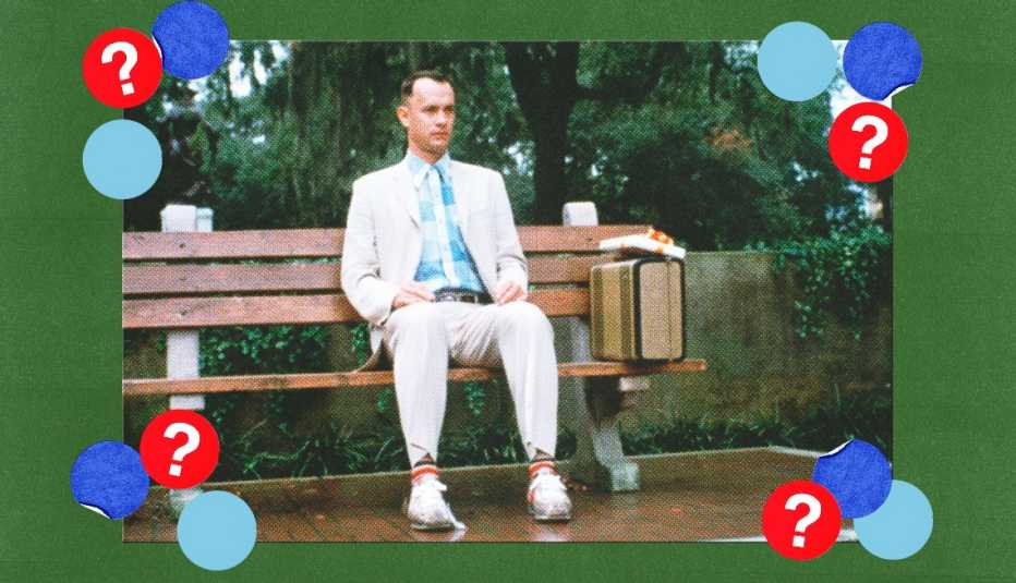 tom hanks sitting on a bench in a scene from the movie forrest gump